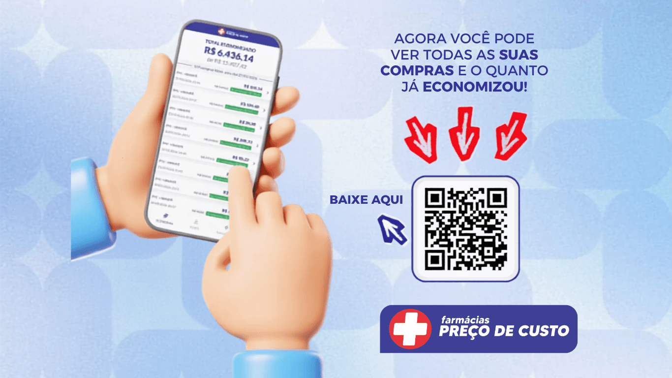 Aplicativo do Clube de Compras mostrando o total economizado nas compras e QR code para baixar o app